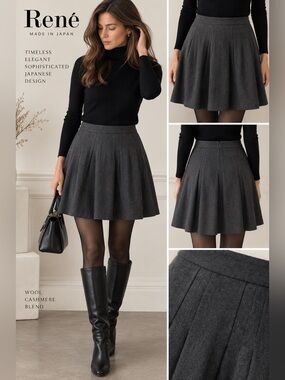 René Made in Japan Wool Cashmere Pleated A-Line Skirt Charcoal Gray Size 36